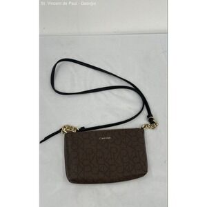 Calvin Klein Brown Vegan Leather Monogram Crossbody Purse Bag Chain Strap Accent